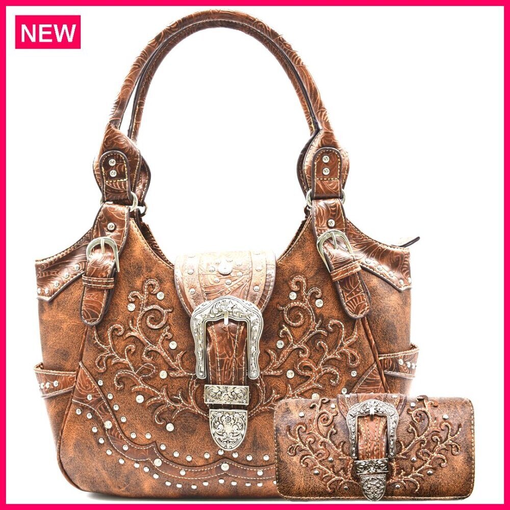 Large Vegan Leather Shoulder Bag with Concealed Carry Pocket & Wallet Set
